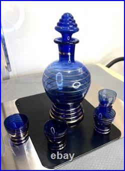VINTAGE DECANTER SET COBALT BLUE GLASS With Gold Overlay With 4 Glasses wine
