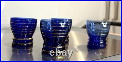 VINTAGE DECANTER SET COBALT BLUE GLASS With Gold Overlay With 4 Glasses wine