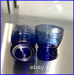 VINTAGE DECANTER SET COBALT BLUE GLASS With Gold Overlay With 4 Glasses wine
