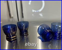 VINTAGE DECANTER SET COBALT BLUE GLASS With Gold Overlay With 4 Glasses wine