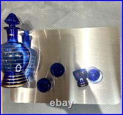 VINTAGE DECANTER SET COBALT BLUE GLASS With Gold Overlay With 4 Glasses wine