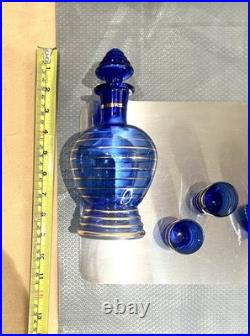 VINTAGE DECANTER SET COBALT BLUE GLASS With Gold Overlay With 4 Glasses wine