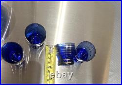 VINTAGE DECANTER SET COBALT BLUE GLASS With Gold Overlay With 4 Glasses wine