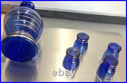VINTAGE DECANTER SET COBALT BLUE GLASS With Gold Overlay With 4 Glasses wine