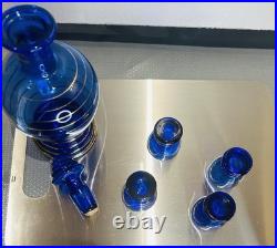VINTAGE DECANTER SET COBALT BLUE GLASS With Gold Overlay With 4 Glasses wine
