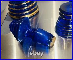 VINTAGE DECANTER SET COBALT BLUE GLASS With Gold Overlay With 4 Glasses wine