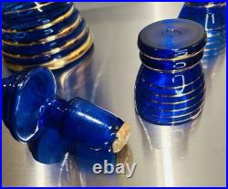 VINTAGE DECANTER SET COBALT BLUE GLASS With Gold Overlay With 4 Glasses wine