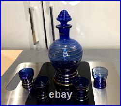 VINTAGE DECANTER SET COBALT BLUE GLASS With Gold Overlay With 4 Glasses wine