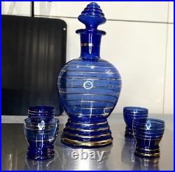 VINTAGE DECANTER SET COBALT BLUE GLASS With Gold Overlay With 4 Glasses wine