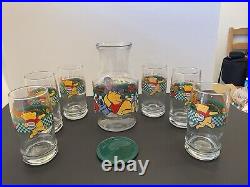 VINTAGE Disney Winnie the Pooh Glass Juice Carafe Pitcher, 6 Glasses, 4 Mugs