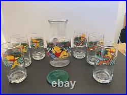 VINTAGE Disney Winnie the Pooh Glass Juice Carafe Pitcher, 6 Glasses, 4 Mugs