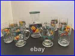 VINTAGE Disney Winnie the Pooh Glass Juice Carafe Pitcher, 6 Glasses, 4 Mugs