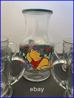 VINTAGE Disney Winnie the Pooh Glass Juice Carafe Pitcher, 6 Glasses, 4 Mugs