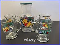 VINTAGE Disney Winnie the Pooh Glass Juice Carafe Pitcher, 6 Glasses, 4 Mugs