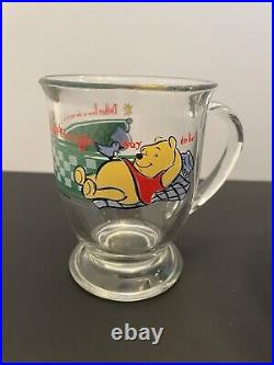 VINTAGE Disney Winnie the Pooh Glass Juice Carafe Pitcher, 6 Glasses, 4 Mugs