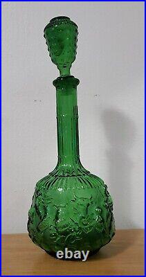 VINTAGE EMPOLI ITALIAN DARK GREEN GLASS ZODIAC GENIE BOTTLE DECANTER With STOPPER