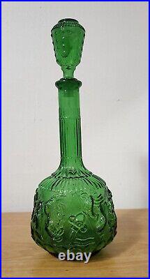 VINTAGE EMPOLI ITALIAN DARK GREEN GLASS ZODIAC GENIE BOTTLE DECANTER With STOPPER