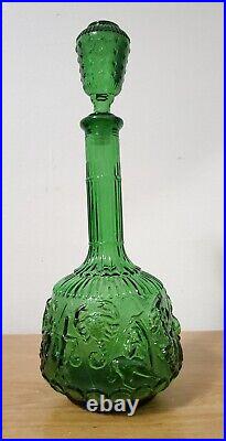 VINTAGE EMPOLI ITALIAN DARK GREEN GLASS ZODIAC GENIE BOTTLE DECANTER With STOPPER