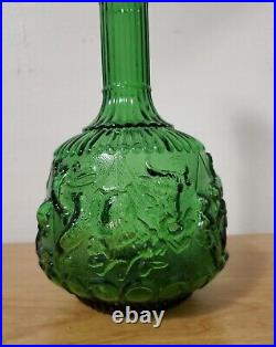 VINTAGE EMPOLI ITALIAN DARK GREEN GLASS ZODIAC GENIE BOTTLE DECANTER With STOPPER