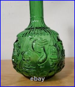 VINTAGE EMPOLI ITALIAN DARK GREEN GLASS ZODIAC GENIE BOTTLE DECANTER With STOPPER