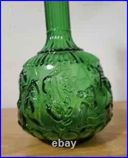 VINTAGE EMPOLI ITALIAN DARK GREEN GLASS ZODIAC GENIE BOTTLE DECANTER With STOPPER