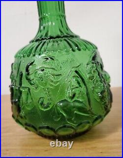 VINTAGE EMPOLI ITALIAN DARK GREEN GLASS ZODIAC GENIE BOTTLE DECANTER With STOPPER