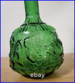 VINTAGE EMPOLI ITALIAN DARK GREEN GLASS ZODIAC GENIE BOTTLE DECANTER With STOPPER