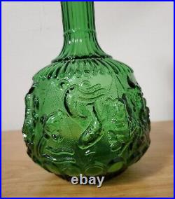 VINTAGE EMPOLI ITALIAN DARK GREEN GLASS ZODIAC GENIE BOTTLE DECANTER With STOPPER