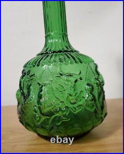 VINTAGE EMPOLI ITALIAN DARK GREEN GLASS ZODIAC GENIE BOTTLE DECANTER With STOPPER