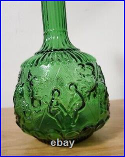 VINTAGE EMPOLI ITALIAN DARK GREEN GLASS ZODIAC GENIE BOTTLE DECANTER With STOPPER