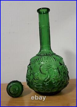 VINTAGE EMPOLI ITALIAN DARK GREEN GLASS ZODIAC GENIE BOTTLE DECANTER With STOPPER