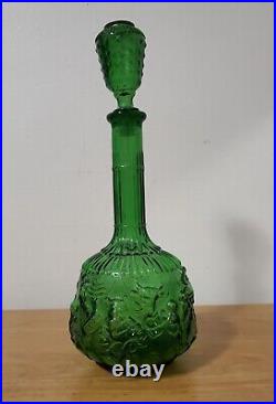 VINTAGE EMPOLI ITALIAN DARK GREEN GLASS ZODIAC GENIE BOTTLE DECANTER With STOPPER