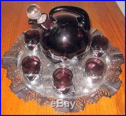 VINTAGE FARBER BROS AMETHYST PURPLE GLASS AND CHROME DECANTER 6 GLASSES tray
