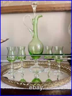 VINTAGE GREEN GLASS DECANTER AND CORDIAL WINE STEMWEAR SET 6 Pc Set Large