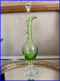 VINTAGE GREEN GLASS DECANTER AND CORDIAL WINE STEMWEAR SET 6 Pc Set Large