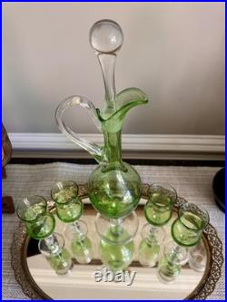 VINTAGE GREEN GLASS DECANTER AND CORDIAL WINE STEMWEAR SET 6 Pc Set Large