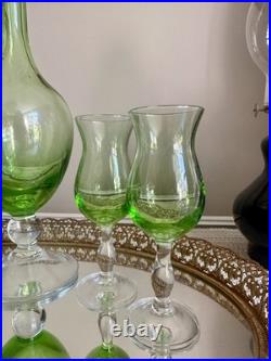 VINTAGE GREEN GLASS DECANTER AND CORDIAL WINE STEMWEAR SET 6 Pc Set Large