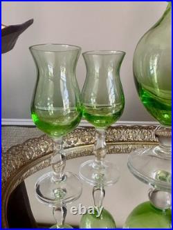 VINTAGE GREEN GLASS DECANTER AND CORDIAL WINE STEMWEAR SET 6 Pc Set Large