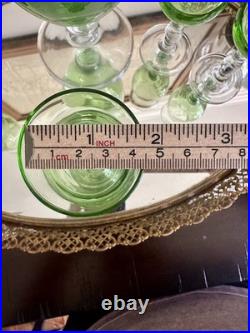 VINTAGE GREEN GLASS DECANTER AND CORDIAL WINE STEMWEAR SET 6 Pc Set Large