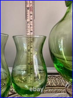 VINTAGE GREEN GLASS DECANTER AND CORDIAL WINE STEMWEAR SET 6 Pc Set Large