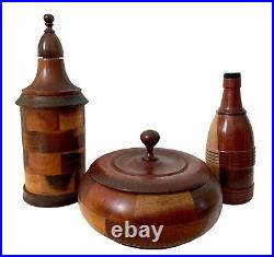 VINTAGE Hand Carved Wood Encased Glass Liquor Decanter Bar Bottles & Dish Set 3