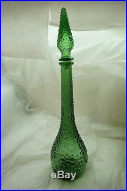 VINTAGE ITALIAN GLASS DECANTER WITH STOPPER GENIE BOTTLE GREEN 20in EMPOLI 1960s