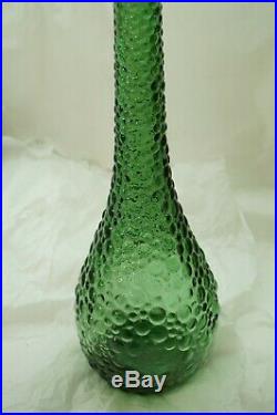 VINTAGE ITALIAN GLASS DECANTER WITH STOPPER GENIE BOTTLE GREEN 20in EMPOLI 1960s
