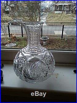 VINTAGE LARGE ABP CUT GLASS ETCHED FLOWER VASE DECANTER With RARE RING NECK wreath