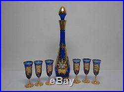 VINTAGE MADE IN ITALY COBALT BLUE GOLD ENCRUSTED w FLOWERS DECANTER & 6 GLASSES