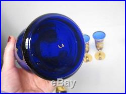 VINTAGE MADE IN ITALY COBALT BLUE GOLD ENCRUSTED w FLOWERS DECANTER & 6 GLASSES