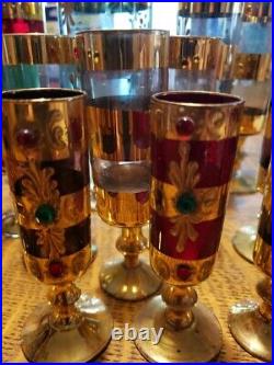 VINTAGE MCM GOLD ENCRUSTED BOHEMIAN GLASS DECANTER With15 STEMS WINES CORDIALS