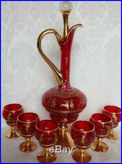 VINTAGE Murano Venetian Ruby Red & 24k Gold Decanter & 6 Glasses Set Gorgeous