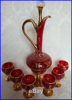 VINTAGE Murano Venetian Ruby Red & 24k Gold Decanter & 6 Glasses Set Gorgeous