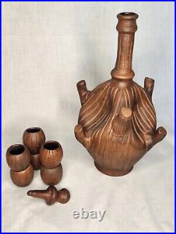 VINTAGE Pottery Liquor Decanter Cordial Set 6 Shot Glass Cups Tequila Whiskey